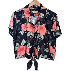 Havana Jack’s Cafe Women M Hawaiian Top Black Peachy Red Hibiscus Crop Beach Y2K